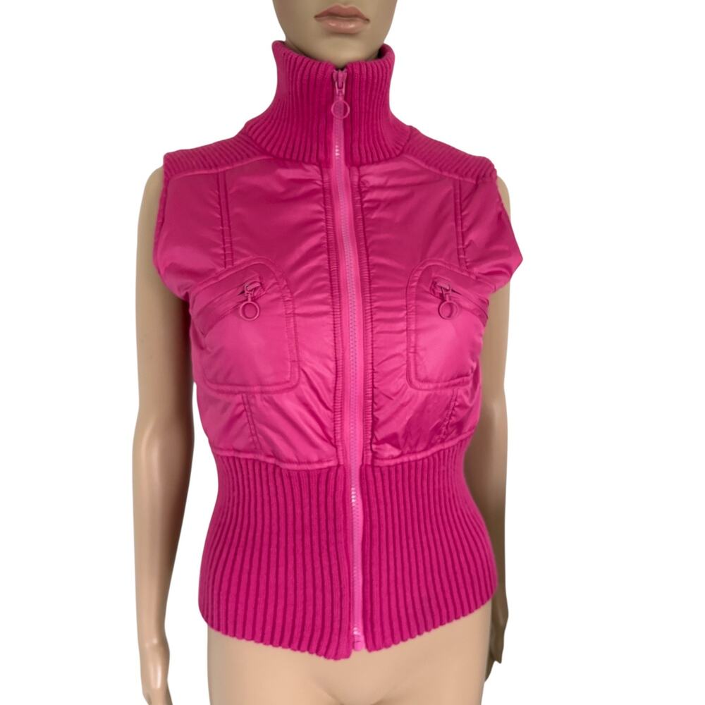 Y2K Body Central Pink Puffer Knit Vest Zip Up High Neck S Barbiecore Fuchsia